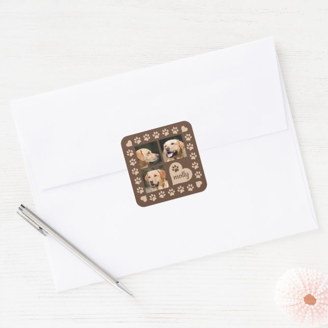 3 Photo Collage Dog Name Brown Heart Square Sticker (Envelope)