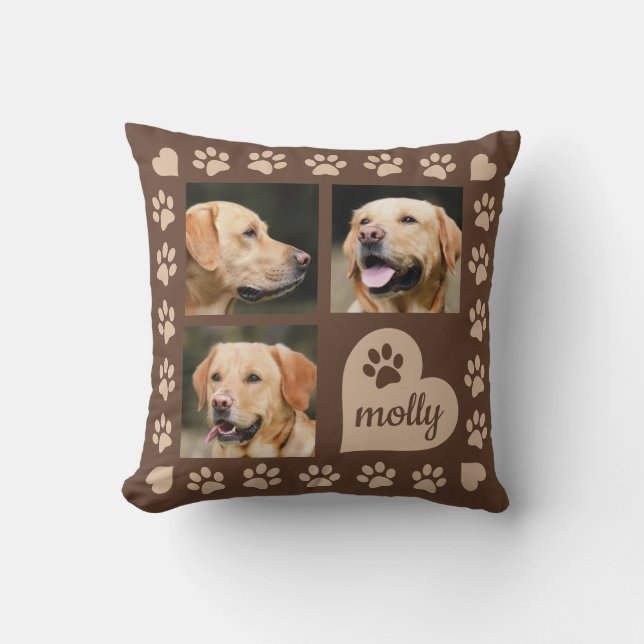 3 Photo Collage Dog Name Brown Heart Throw Pillow (Front)