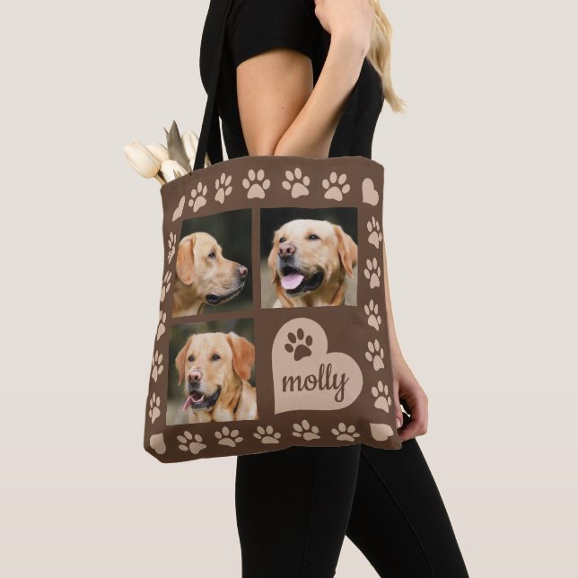 3 Photo Collage Dog Name Brown Heart Tote Bag (Close Up)