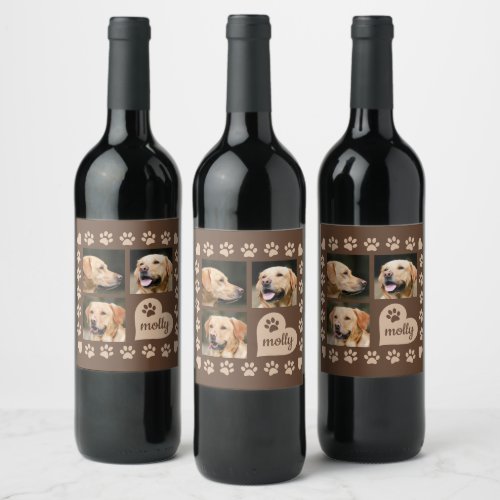 3 Photo Collage Dog Name Brown Heart Wine Label