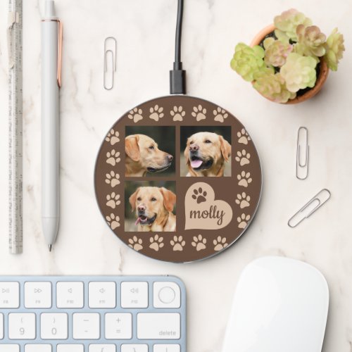 3 Photo Collage Dog Name Brown Heart Wireless Charger