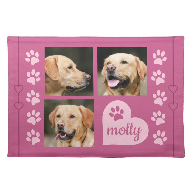 3 Photo Collage Dog Name Pink Heart Cloth Placemat (Front)