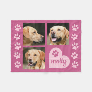 3 Photo Collage Dog Name Pink Heart Fleece Blanket