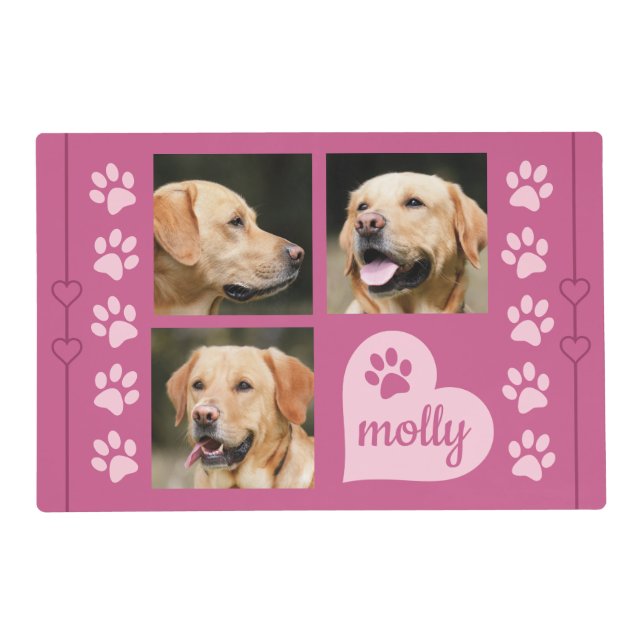 3 Photo Collage Dog Name Pink Heart Placemat (Front)