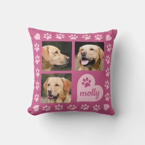 3 Photo Collage Dog Name Pink Heart Throw Pillow