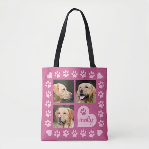 3 Photo Collage Dog Name Pink Heart Tote Bag