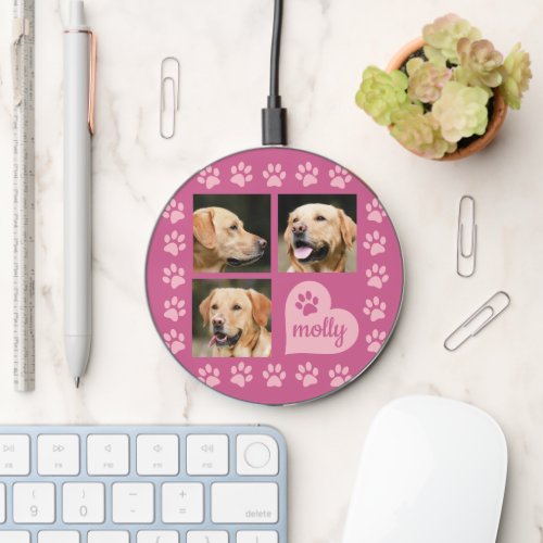3 Photo Collage Dog Name Pink Heart Wireless Charger