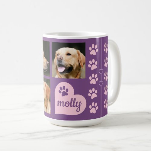 3 Photo Collage Dog Name Pink Purple Heart Coffee Mug