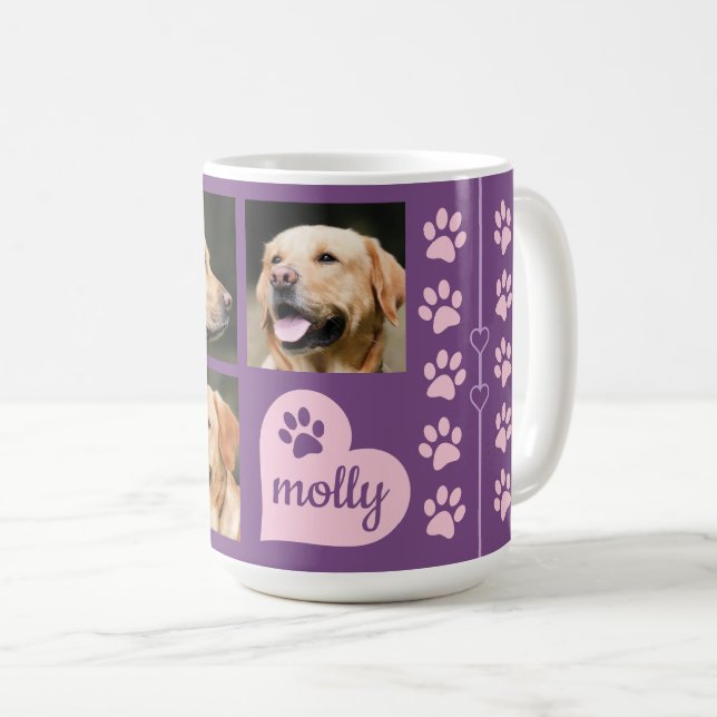 3 Photo Collage Dog Name Pink Purple Heart Coffee Mug (Front Right)