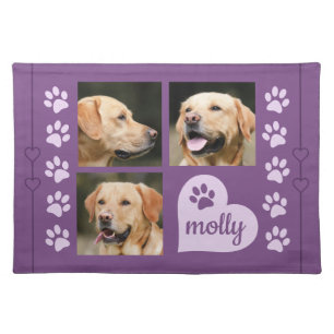 3 Photo Collage Dog Name Purple Heart Cloth Placemat