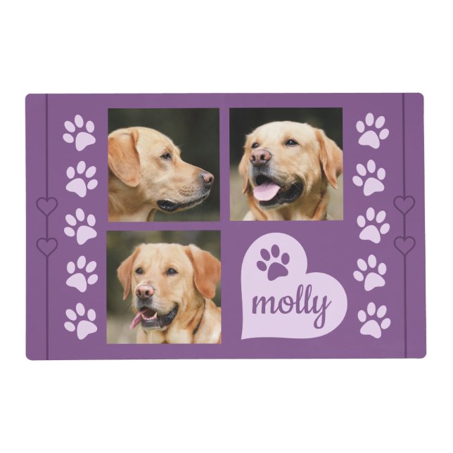 3 Photo Collage Dog Name Purple Heart Placemat (Front)