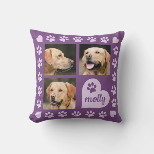 3 Photo Collage Dog Name Purple Heart Throw Pillow