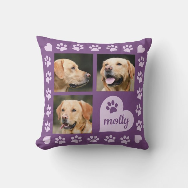 3 Photo Collage Dog Name Purple Heart Throw Pillow (Front)