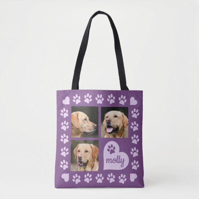3 Photo Collage Dog Name Purple Heart Tote Bag (Front)