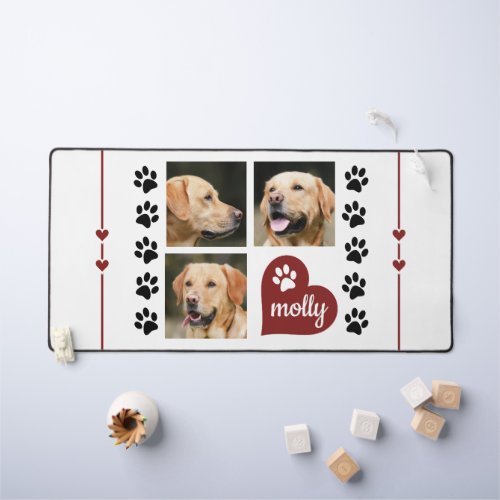 3 Photo Collage Dog Name Red Heart Desk Mat