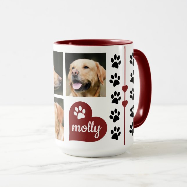 3 Photo Collage Dog Name Red Heart Mug (Front Right)