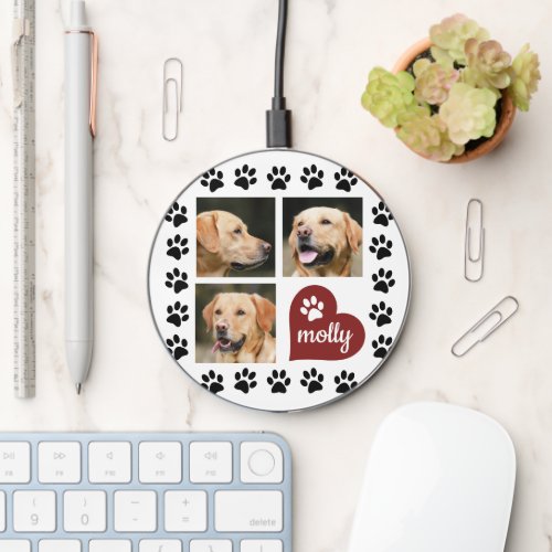 3 Photo Collage Dog Name Red Heart Wireless Charger