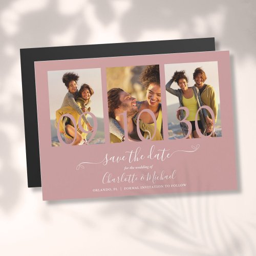3 Photo Collage Dusty Rose Wedding Save The Date Magnetic Invitation