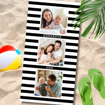 3 Photo Collage Family Name Black And White Stripe Beach Towel by InitialsMonogram at Zazzle