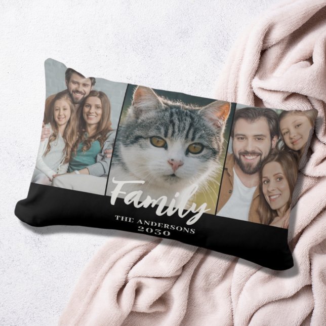 3 Photo Collage Family Name Year Lumbar Pillow (Creator Uploaded)