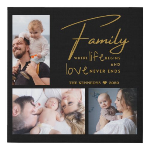 3 Photo Collage Family Quote Black And Gold Faux Canvas Print