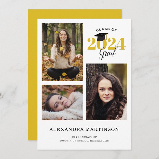 3 Photo Collage Gold and Black Graduation Party Invitation (Front/Back)
