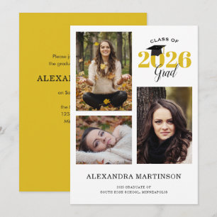 3 Photo Collage Gold and Black Graduation Party Invitation