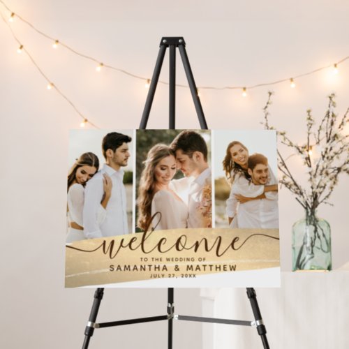 3 Photo Collage Gold Theme Wedding Welcome Sign 