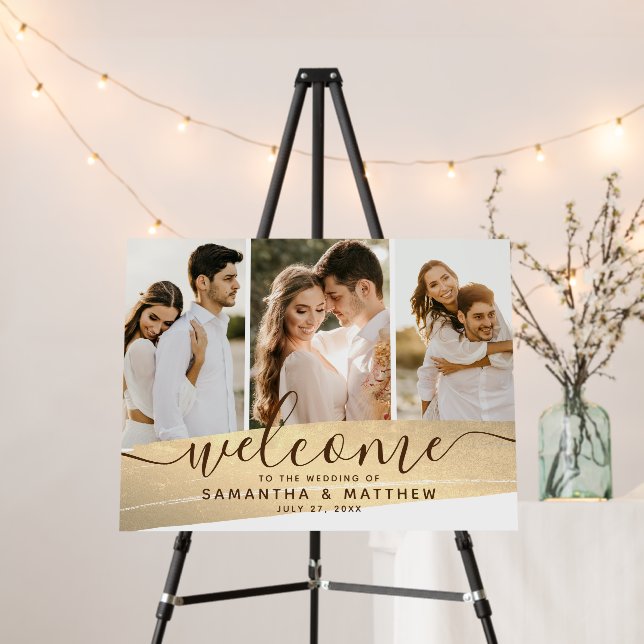 3 Photo Collage Gold Theme Wedding Welcome Sign  (In Situ (Stand))