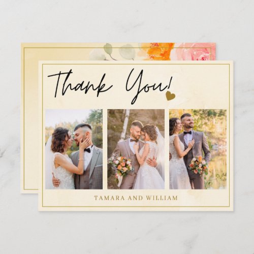 3 Photo Collage Gold Watercolor Floral Wedding  Thank You Card