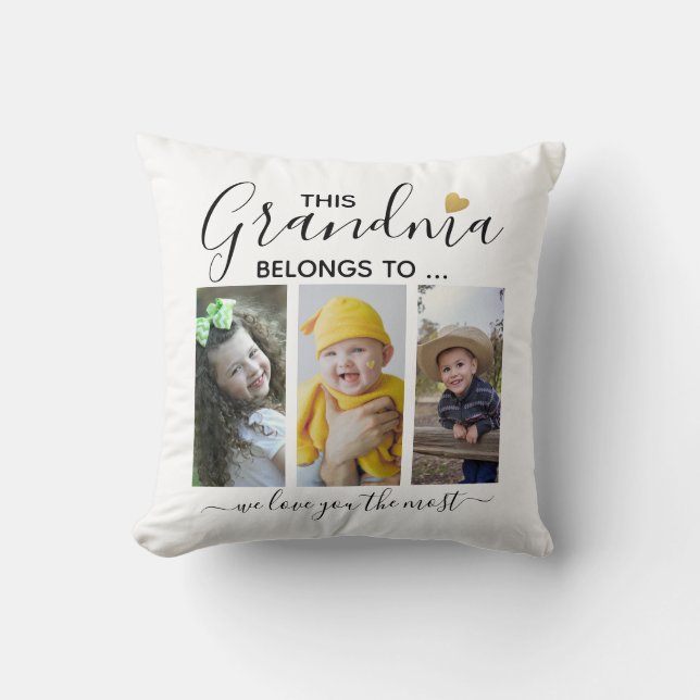3 Photo Collage Grandkids This Grandma Belongs To  Throw Pillow (Front)