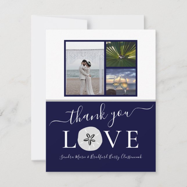 3 Photo Collage Gray Sand dollar Navy Blue Wedding Thank You Card (Front)