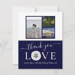 3 Photo Collage Gray Sand dollar Navy Blue Wedding Thank You Card