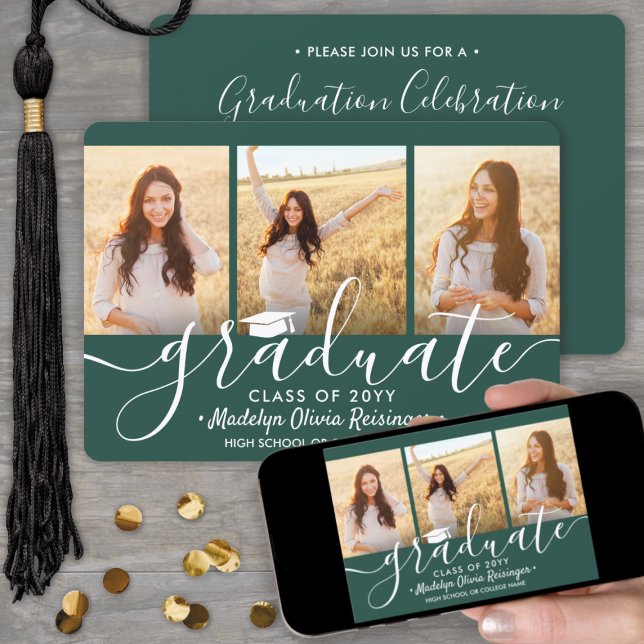 3 Photo Collage Green and White Graduation Party Invitation (Creator Uploaded)
