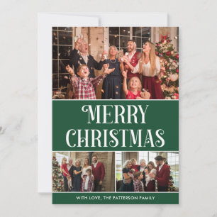3 Photo Collage Green and White Merry Christmas Holiday Card