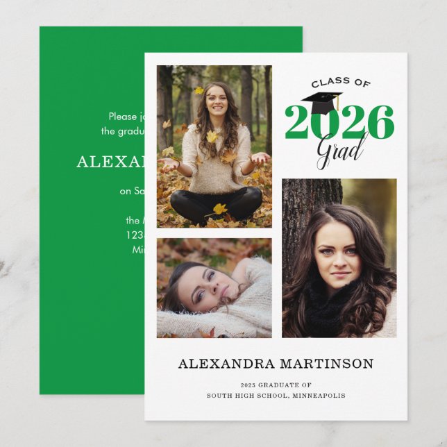 3 Photo Collage Green Graduation Party Invitation (Front/Back)
