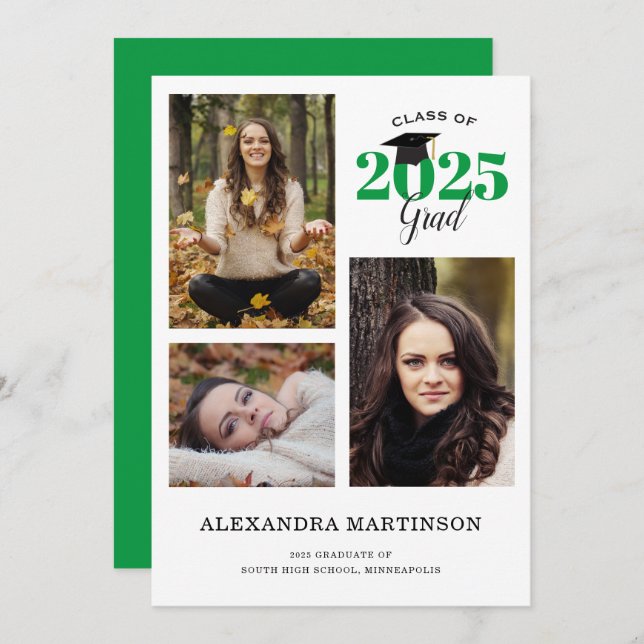 3 Photo Collage Green Graduation Party Invitation (Front/Back)