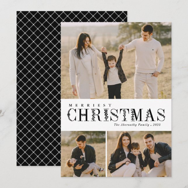 3 Photo Collage Greenery Letters Christmas Black Holiday Card (Front/Back)