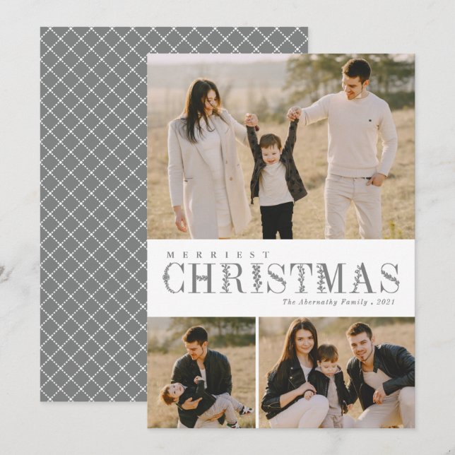 3 Photo Collage Greenery Letters Christmas Gray Holiday Card (Front/Back)
