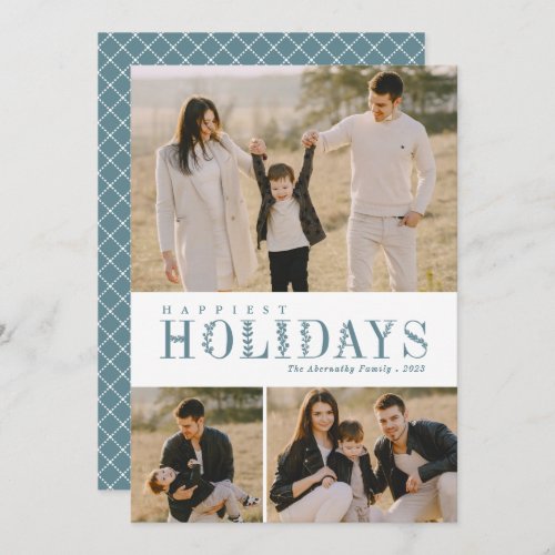 3 Photo Collage Greenery Letters Happiest Dusty Holiday Card