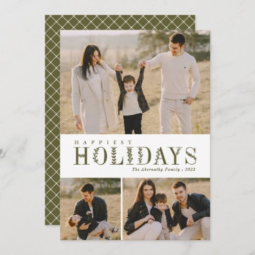 3 Photo Collage Greenery Letters Happiest Olive Holiday Card