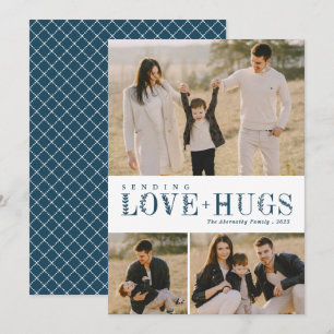 3 Photo Collage Greenery Letters Love Hugs Blue Holiday Card