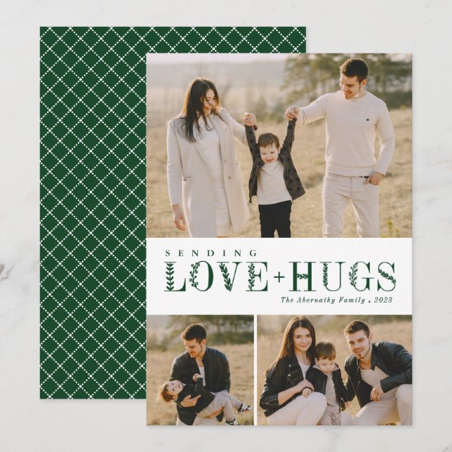 3 Photo Collage Greenery Letters Love Hugs Green Holiday Card (Front/Back)