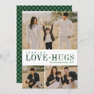 3 Photo Collage Greenery Letters Love Hugs Green Holiday Card