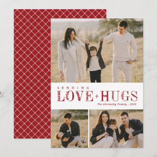 3 Photo Collage Greenery Letters Love Hugs Red Holiday Card