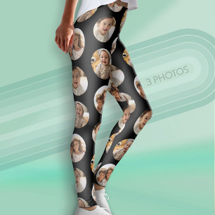 3 Photo Collage Half Brick Pattern - Black Circle Leggings