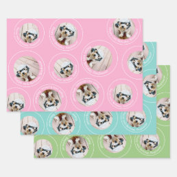 3 photo Collage Happy Birthday Circles pink blue Wrapping Paper Sheets