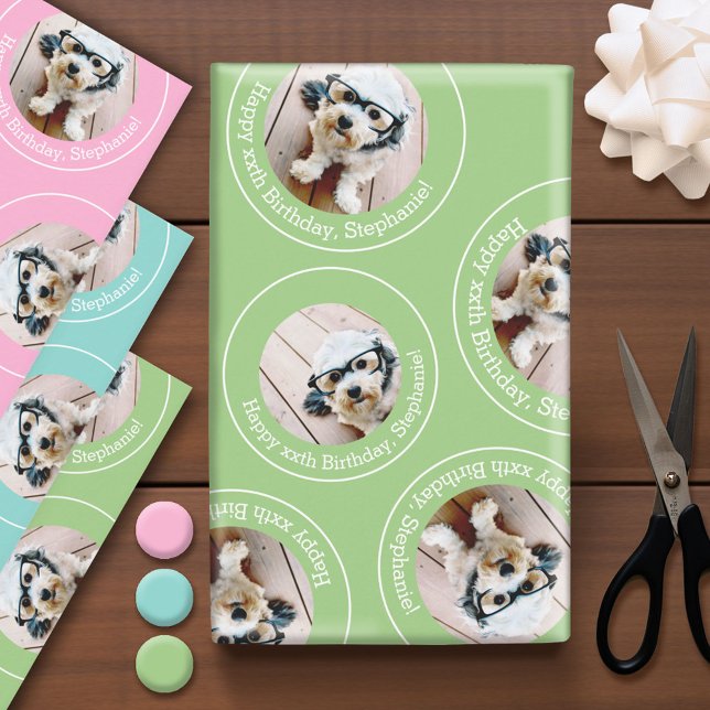 3 photo Collage Happy Birthday Circles pink blue Wrapping Paper Sheets (Custom Photo Wrapping Paper)