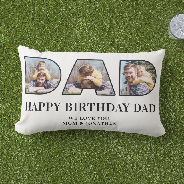 3 Photo Collage Happy Birthday Dad Photo Cutout Lumbar Pillow (Grass)