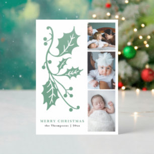 3 Photo Collage Holly Elegant Christmas Holidays Letterpress Photo Cards